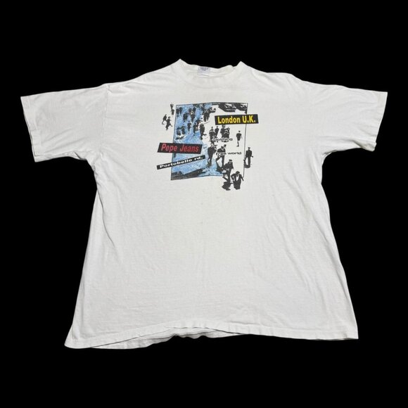 Vintage 90s Pepe Jeans London 100% Cotton‎ White Distressed Shirt Adult XL - Picture 1 of 7